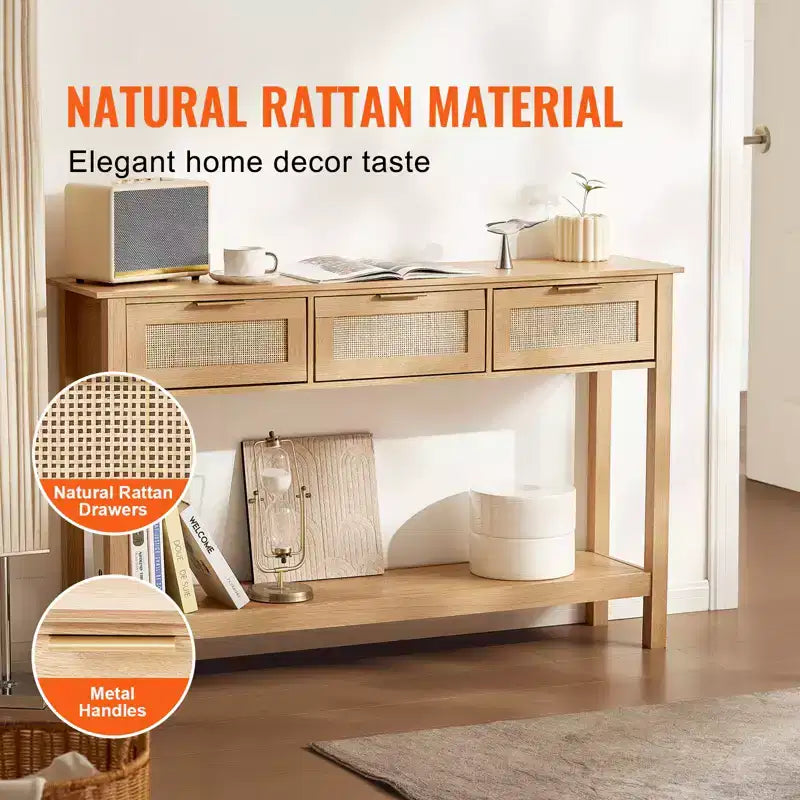 VEVOR Rattan-Konsolentisch mit 3 Schubladen, Rattan-Flurtisch mit natürlicher Rattan-Schiebetür, Konsolen-Sofa-Tisch, Natur