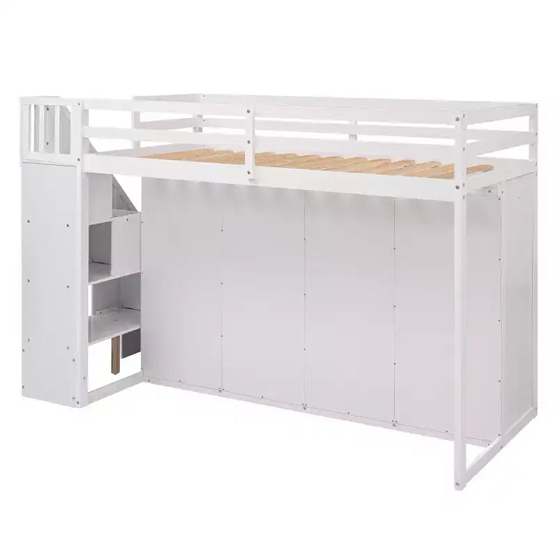 93,3 Funktionales Hochbett mit Kleiderschränken, Regalen, Schubladen und Stauraumleiter