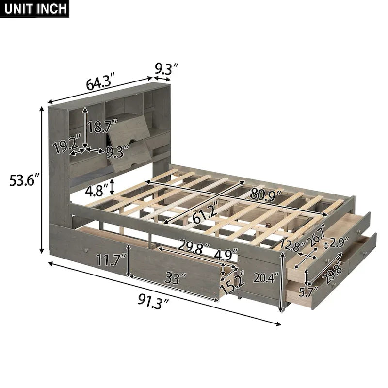 Graues modernes Queen-Size-Holzbett mit Stauraum-Kopfteil und 8 Schubladen