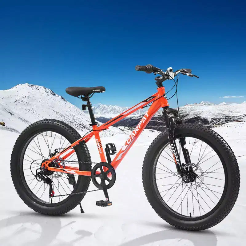 Okak 24-Zoll-Fatbike mit Vordergabel-Federung, 7-Gang-Mountainbike mit Scheibenbremsen und Rahmen aus kohlenstoffreichem Stahl, Trailbike für den täglichen Arbeitsweg