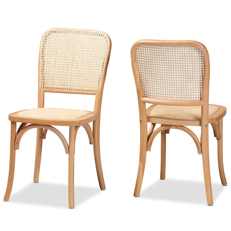 Neah Mid-Century Modern 2er-Set Esszimmerstühle aus geflochtenem Rattan und Holz