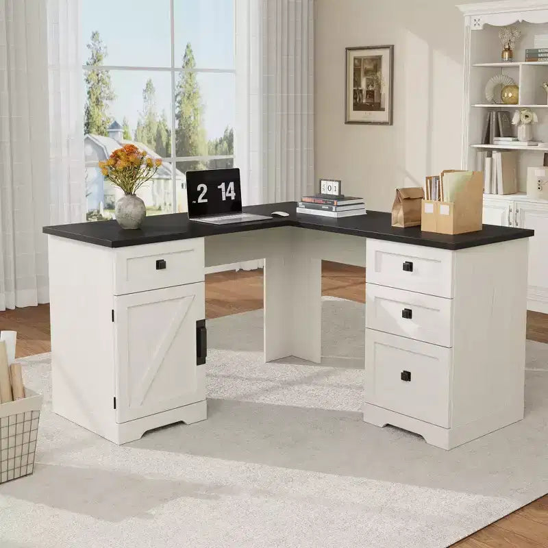 60 Zoll L-förmiger Executive-Schreibtisch im Landhausstil, Eck-Schreibtisch für das Home-Office mit Aktenschublade, Aufbewahrungsschrank & verstellbarem Fachboden