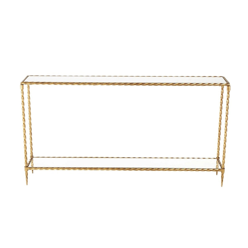 Konsole mit 1 Ablage im Stil eines gedrehten Metallseils mit verspiegelter Glasplatte und Ablage - Gold - Roche River Decor