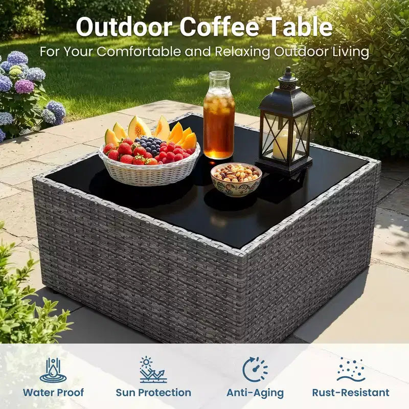 7-teiliges Outdoor-Gartenmöbel-Set, Geflochtene Lounge-Garnituren mit Auflagen und Couchtisch, Modulares Outdoor-Ecksofa