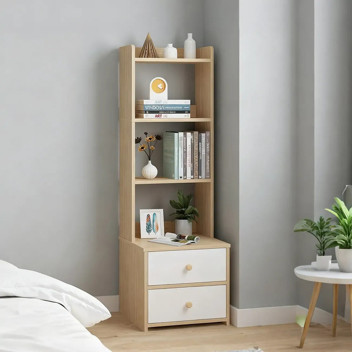 Moderner hoher Nachttisch aus Holz mit geräumigen Regalen und 2 Schubladen