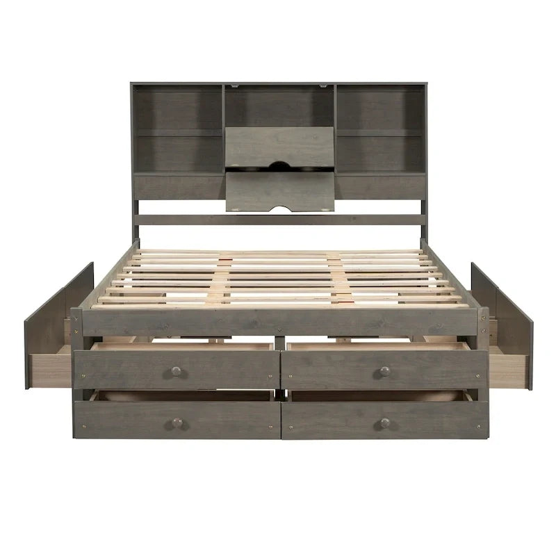 Graues modernes Queen-Size-Holzbett mit Stauraum-Kopfteil und 8 Schubladen