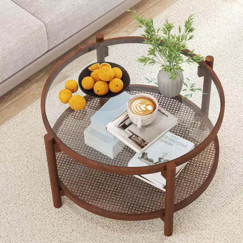 Runder Couchtisch, 31 Zoll, mit Tischplatte aus gehärtetem Glas und Rattangefacht
