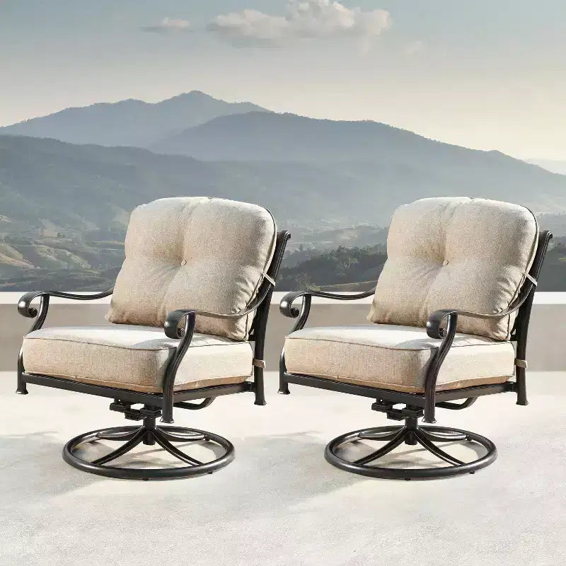 2er-Set drehbare Outdoor-Schaukelclubstühle aus Aluminium mit tiefer Sitzfläche: wetterfest, UV-geschützt – Oakland Living