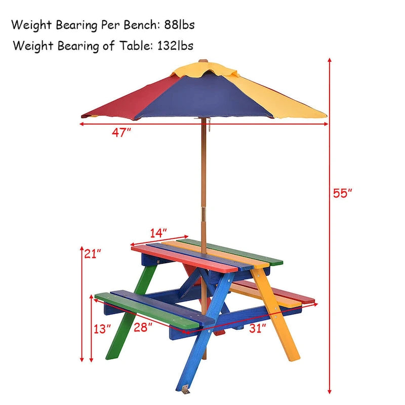 Costway 4-Sitzer Kinderpicknicktisch mit Sonnenschirm, faltbar für Garten und Hof