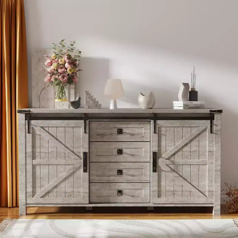 SinCiDo Farmhouse 60-cm-Schminktisch mit verschiebbarer Scheunentür und 4 Schubladen, Schubladenschrank für Wohnzimmer, Schlafzimmer und Kaffeebar