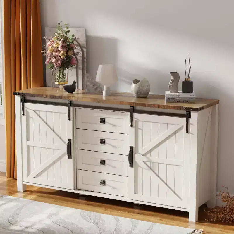 SinCiDo Farmhouse 60-cm-Schminktisch mit verschiebbarer Scheunentür und 4 Schubladen, Schubladenschrank für Wohnzimmer, Schlafzimmer und Kaffeebar