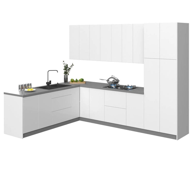 Küchen-Harmonie-Kollektion in glänzendem Weiß und Grau, Breite 8 × 10 Fuß – 126 × 96