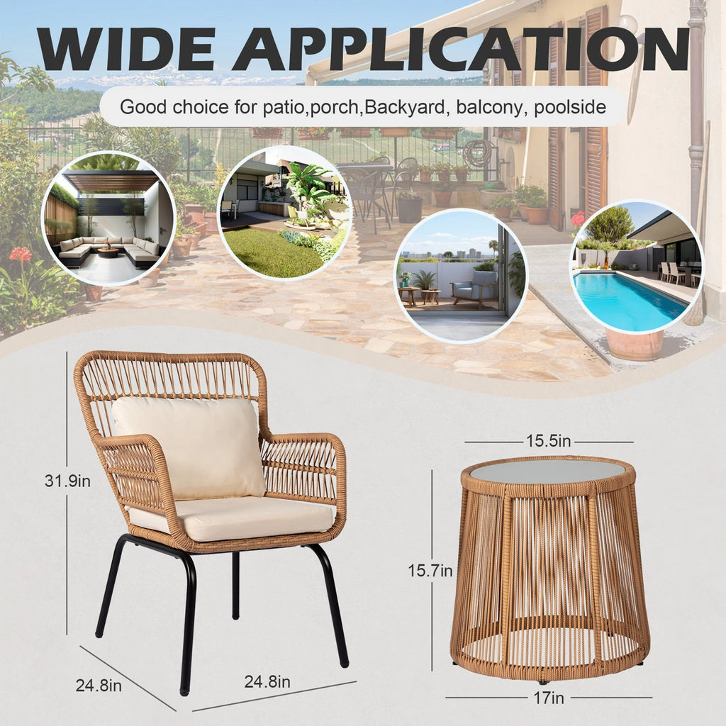 3-teiliges Outdoor-Bistro-Set aus Korbstühlen, witterungsbeständige Rattanmöbel-Sitzgruppe mit Kissen