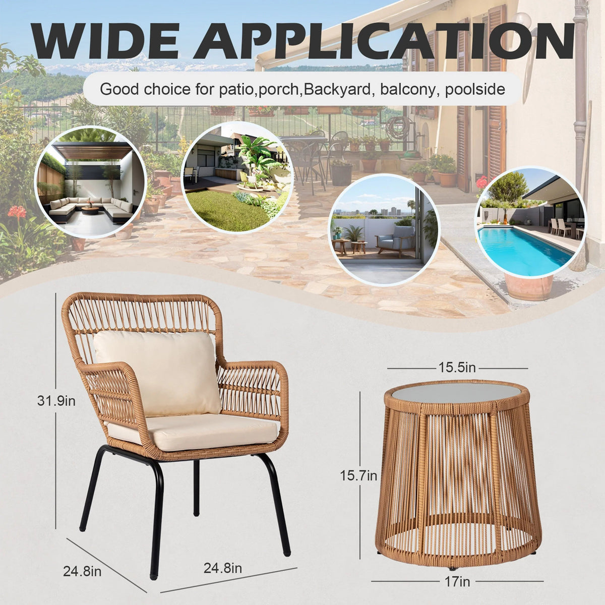 3-teiliges Outdoor-Bistro-Set aus Korbstühlen, witterungsbeständige Rattanmöbel-Sitzgruppe mit Kissen