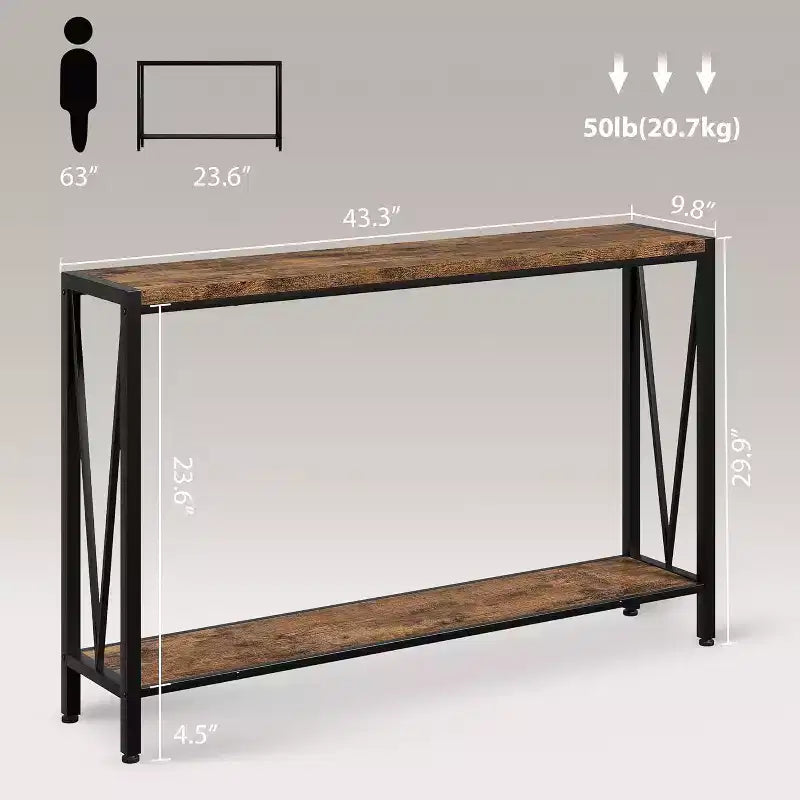 Konsolentisch, 110 cm (43 Zoll) 2-stöckiger Eingangstisch, schmaler Sofatisch mit Stauraum, für Wohnzimmer, Flur und Eingangsbereich