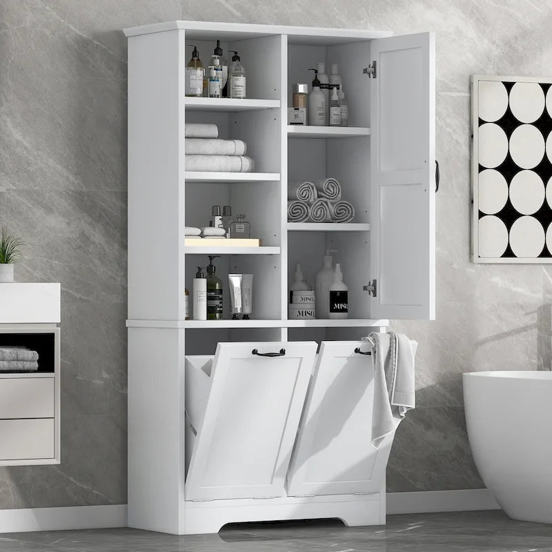 Badezimmerschrank mit Schubladen, kippbarem Wäschekorb, mehreren Ablagefächern, offenem Regal und verstellbarem Regalboden