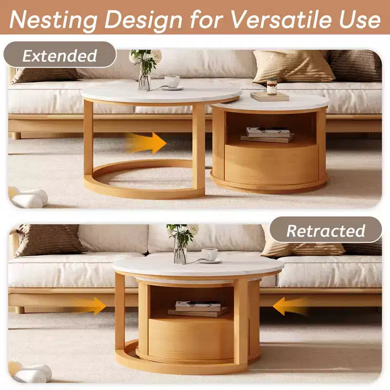 Moderner Couchtisch in Nesting-Bauweise mit Schublade, runder Wohnzimmertisch mit Stauraum