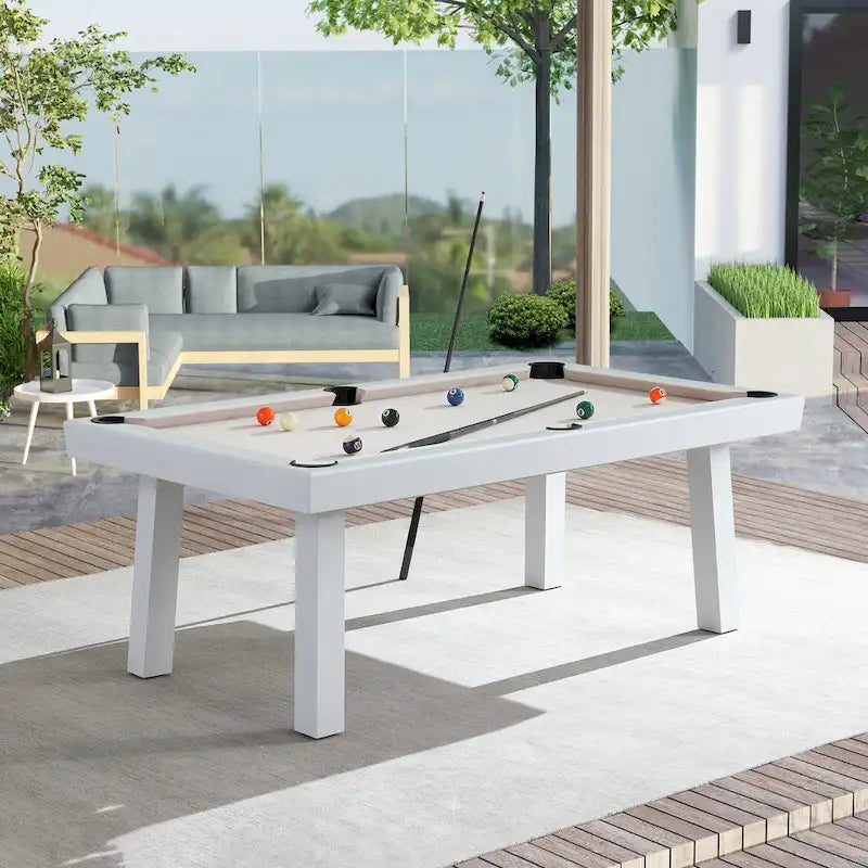 Norwalk Indoor/Outdoor 7-Fuß-Billardtisch in Schieferoptik, Esstischgarnitur für 6 Personen mit 4 Bänken und Zubehör, weißes Finish