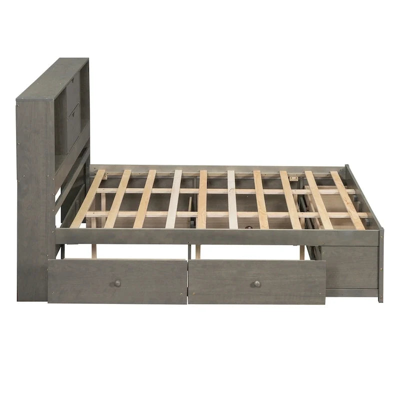 Graues modernes Queen-Size-Holzbett mit Stauraum-Kopfteil und 8 Schubladen