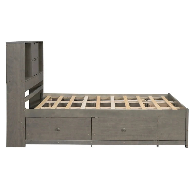 Graues modernes Queen-Size-Holzbett mit Stauraum-Kopfteil und 8 Schubladen
