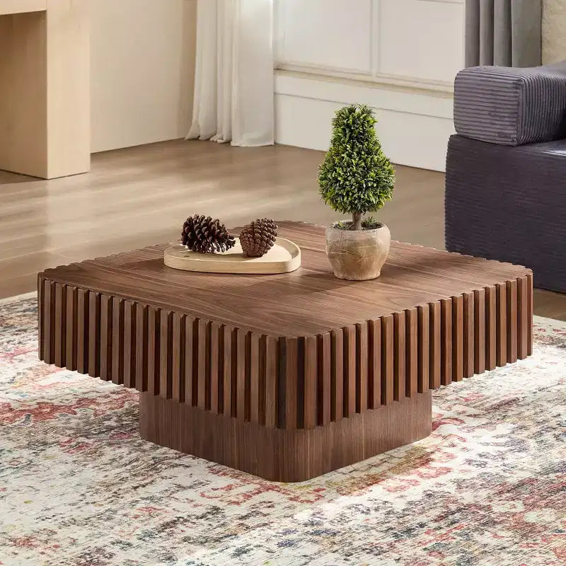 31,5 Zoll moderner handgefertigter Trommel-Couchtisch, quadratisch, Sockel aus Walnuss-MDF