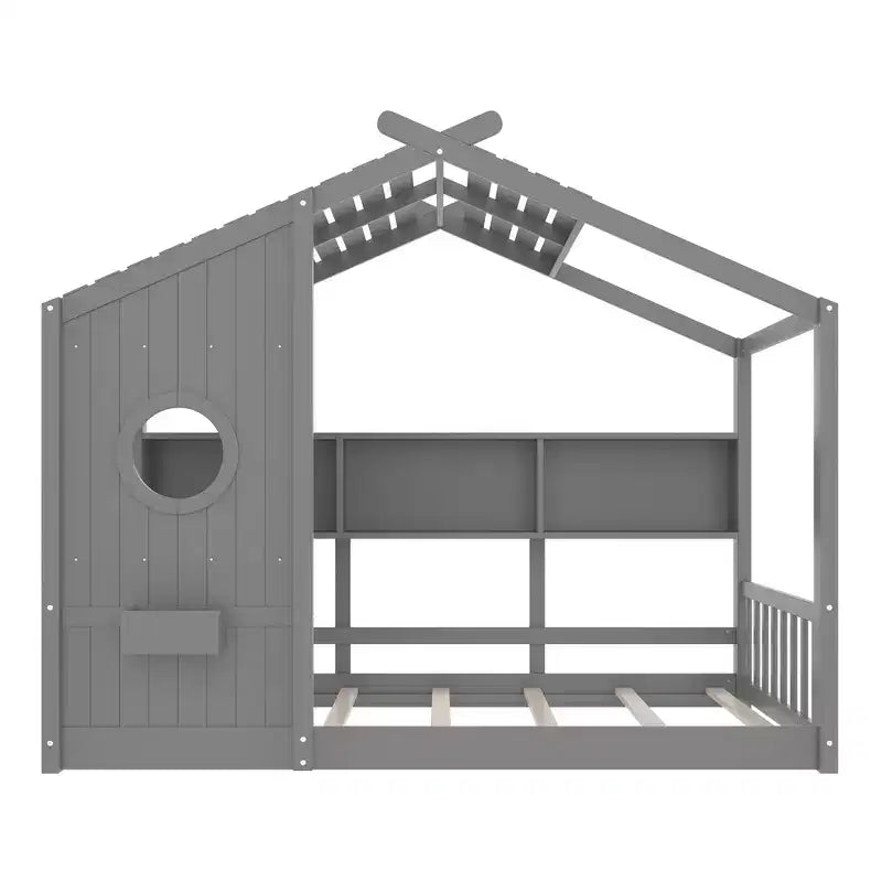 Bodenbett für Kinder in Twin-Größe, Montessori-Hausbett mit Ablagefach und Dachdesign