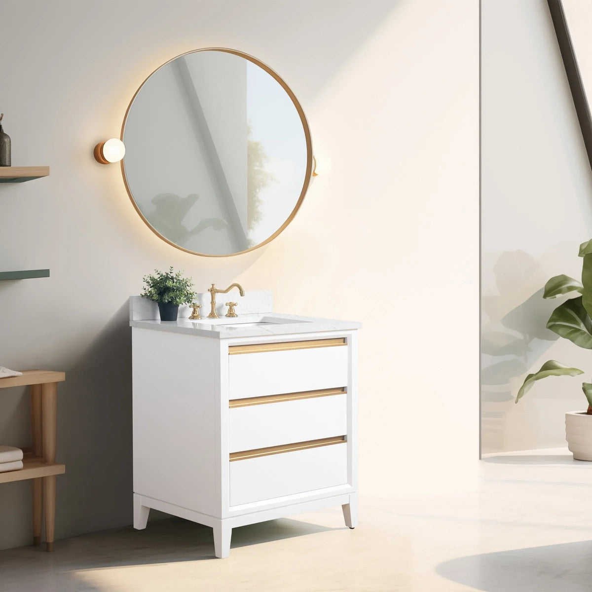 Vanity Art Badezimmerschrank mit Keramikwaschbecken und Platte aus technischem Marmor