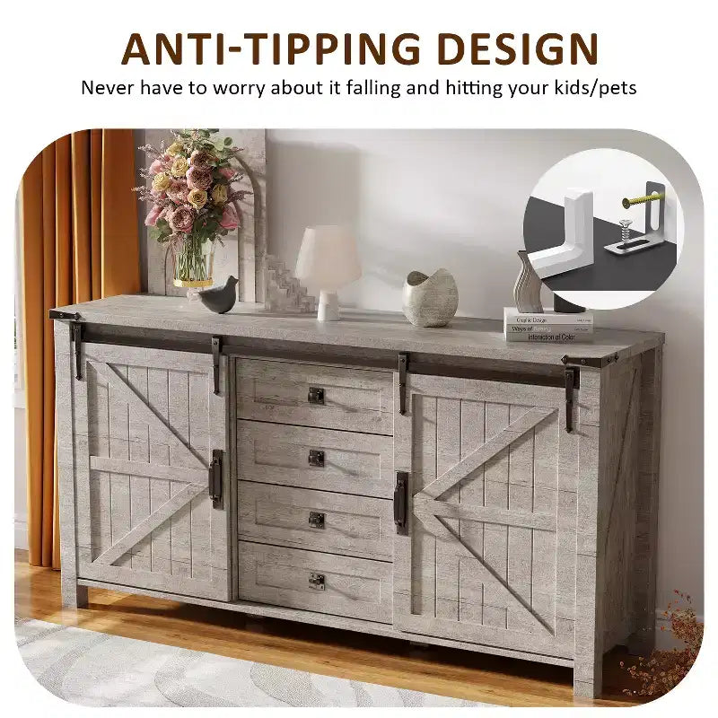 SinCiDo Farmhouse 60-cm-Schminktisch mit verschiebbarer Scheunentür und 4 Schubladen, Schubladenschrank für Wohnzimmer, Schlafzimmer und Kaffeebar