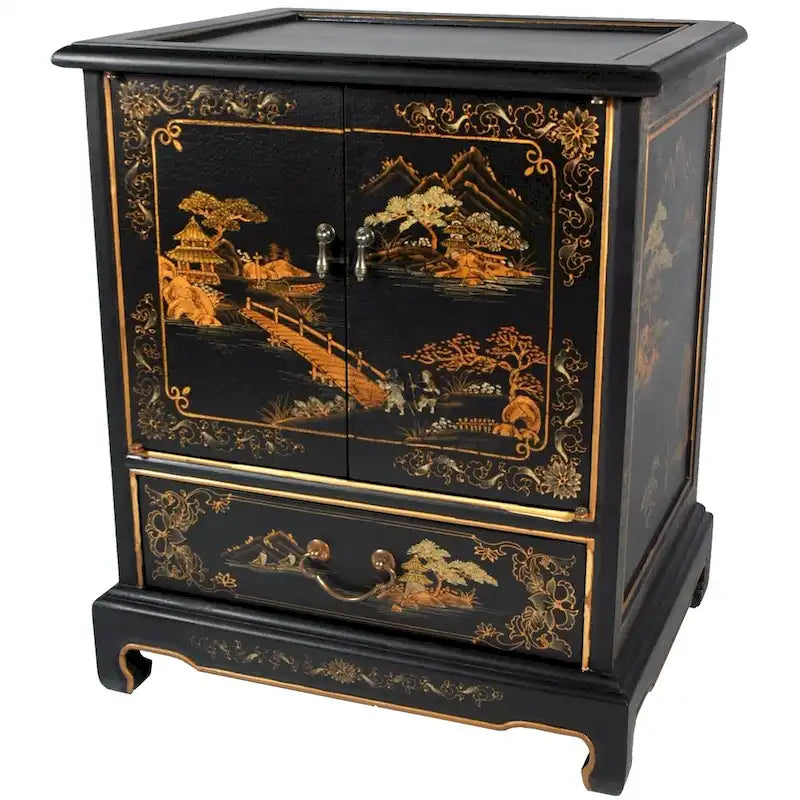 Handgefertigter Beistelltisch mit lackierter chinesischer Landschaftsmalerei im Vintage-Stil – 20,00 B x 16,00 T x 24,50 H
