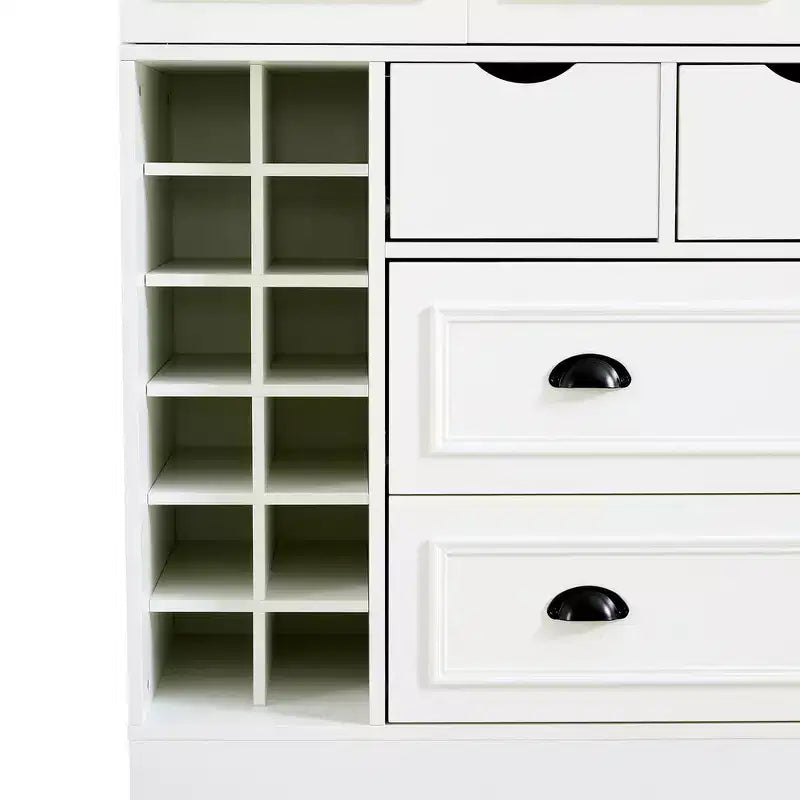 Whisen 71 Zoll hoher freistehender Küchenschrank, großer Vorratsschrank für das Esszimmer, Anrichte mit 4 Falttüren, Regalen und Weinregalen