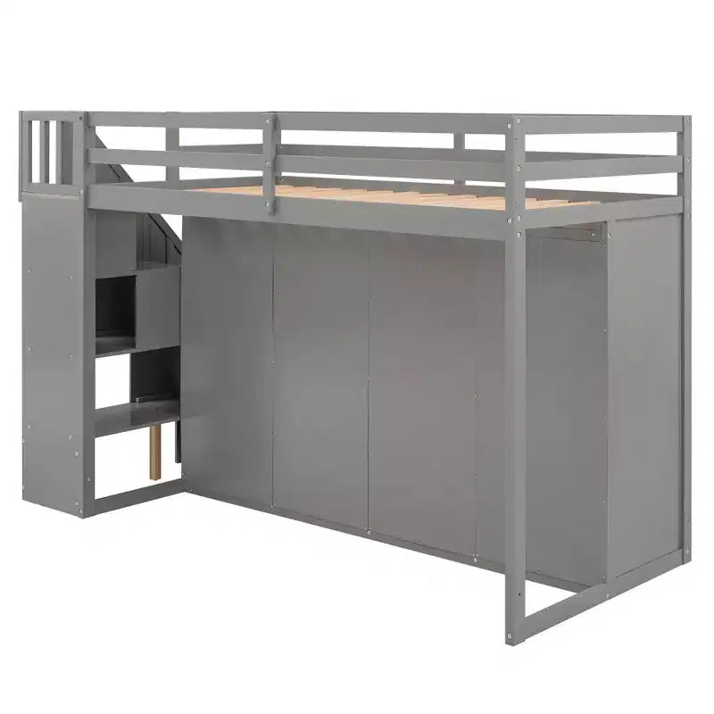 93,3 Funktionales Hochbett mit Kleiderschränken, Regalen, Schubladen und Stauraumleiter
