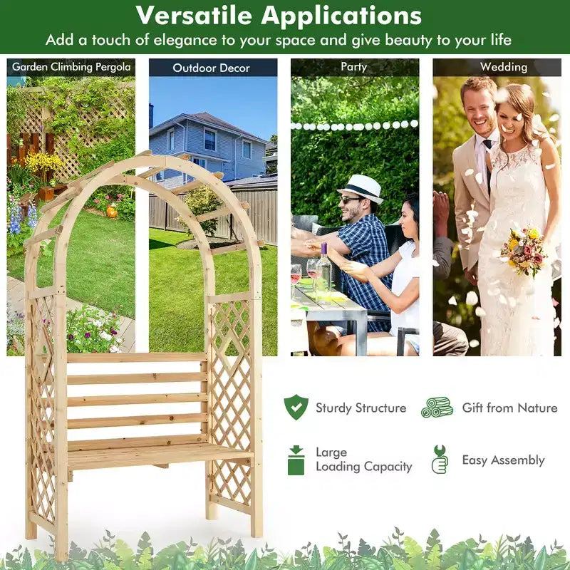 Costway Gartenbank aus Holz mit Rundbogen-Pergola, Gartenpavillon mit Rückenlehne, Terrassen-Rankgerüst
