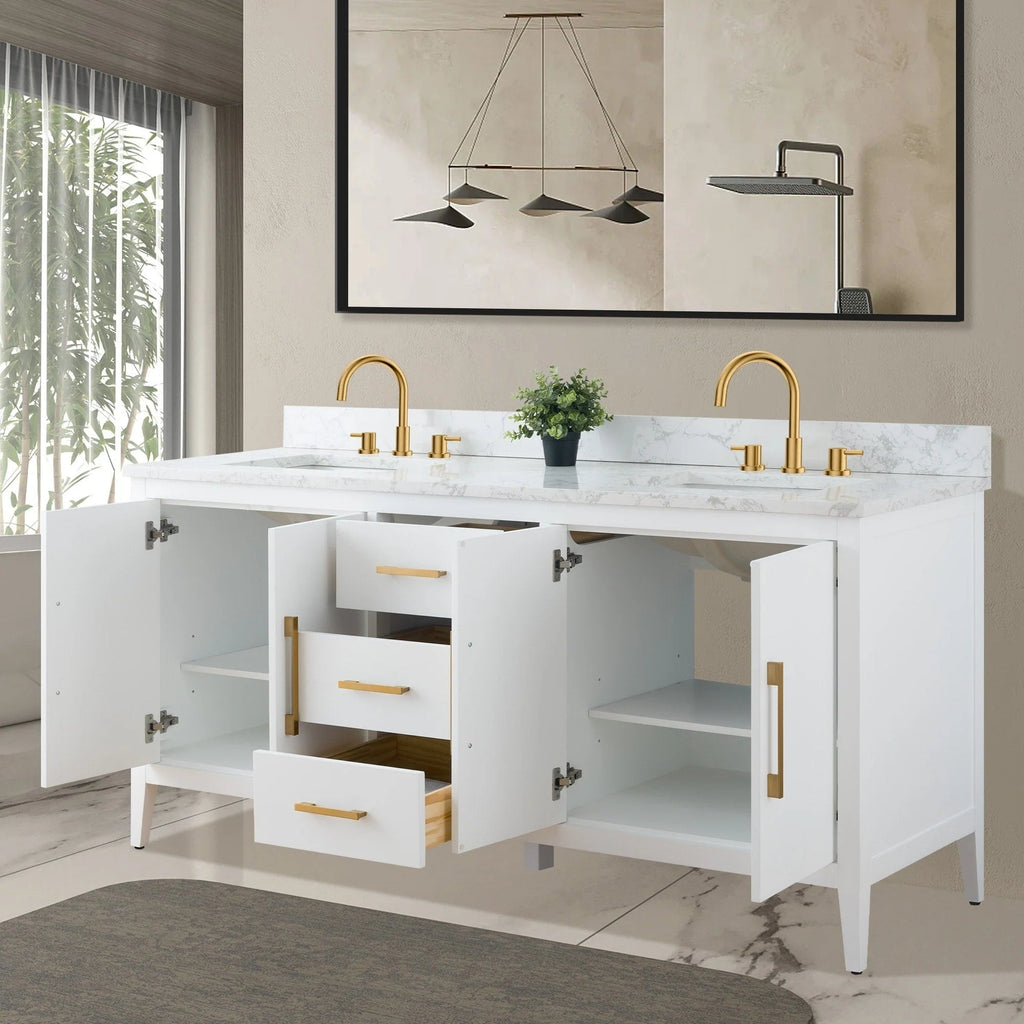 Vanity Art 72 Zoll Badezimmer-Waschtischunterschrank mit Doppelwaschbecken und Kunstmarmorplatte