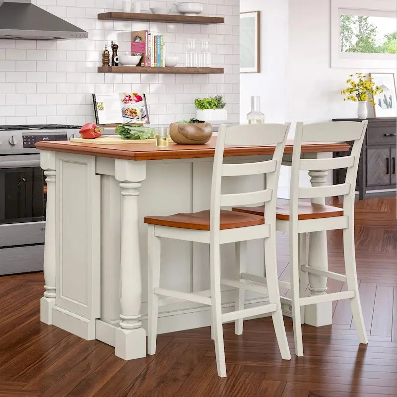 Homestyles Monarch 3-teiliges Kücheninsel-Set aus cremeweißem Holz mit ausklappbarer Holzplatte – 48 x 25 x 36