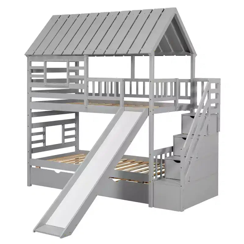 Whisen Etagenbett in Hausform mit zwei Einzelbetten, Ausziehbett, Rutsche, Treppe mit Stauraum sowie Dach- und Fensterdesign