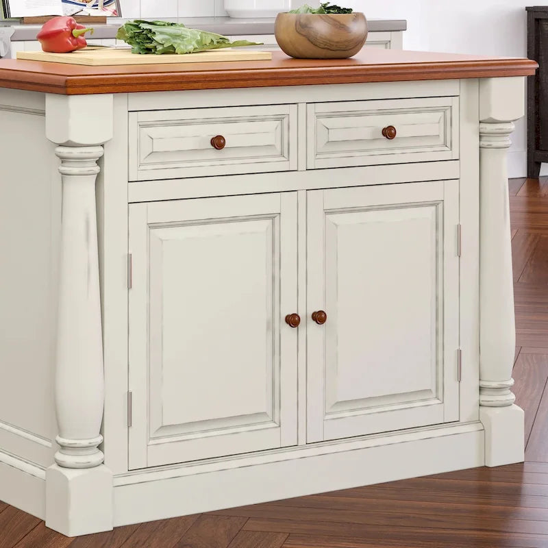 Homestyles Monarch 3-teiliges Kücheninsel-Set aus cremeweißem Holz mit ausklappbarer Holzplatte – 48 x 25 x 36