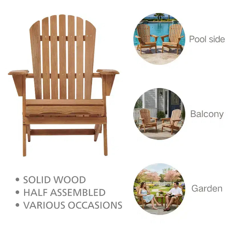 2er-Set klappbare Adirondack-Gartenstühle aus Holz mit Rückenlehne, Holz-Terrassenstuhl für Garten und Hinterhof
