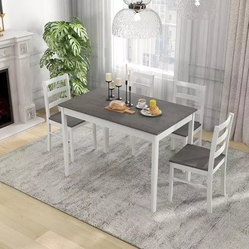 Costway 5-teiliges Esszimmer-Set Massivholz Küchenmöbel mit rechteckigem Tisch & 4 Stühlen Natur/Kaffee/Grau
