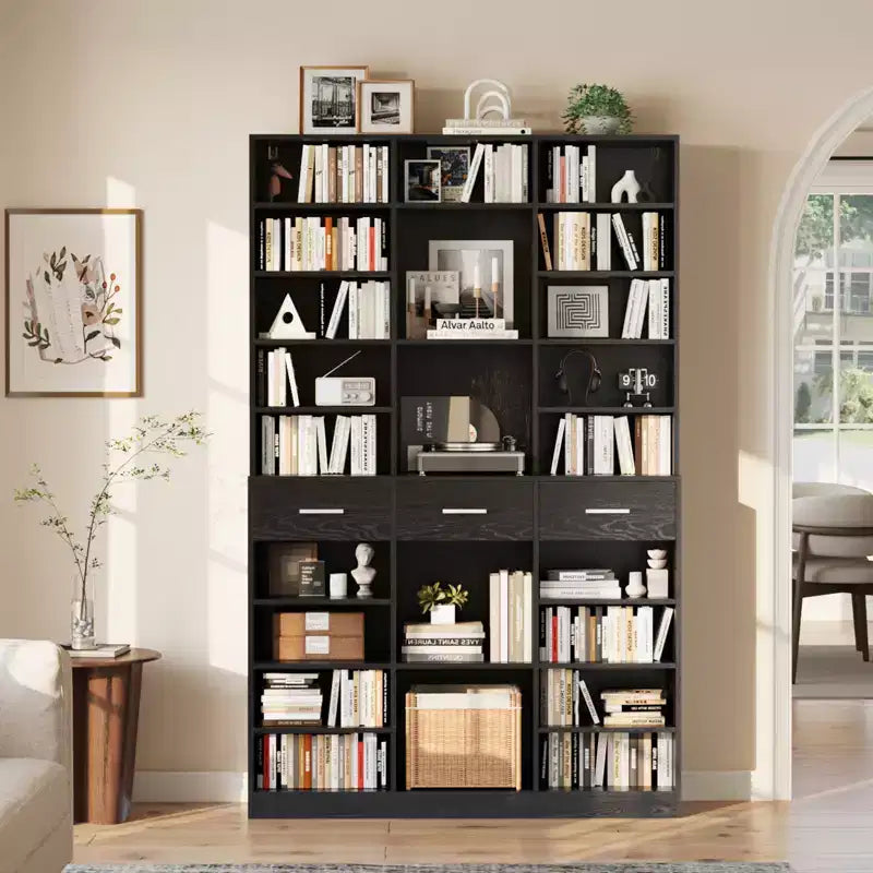 Schwarz/Weißes 9-stöckiges Bücherregal mit 3 Schubladen und verstellbaren Einlegeböden