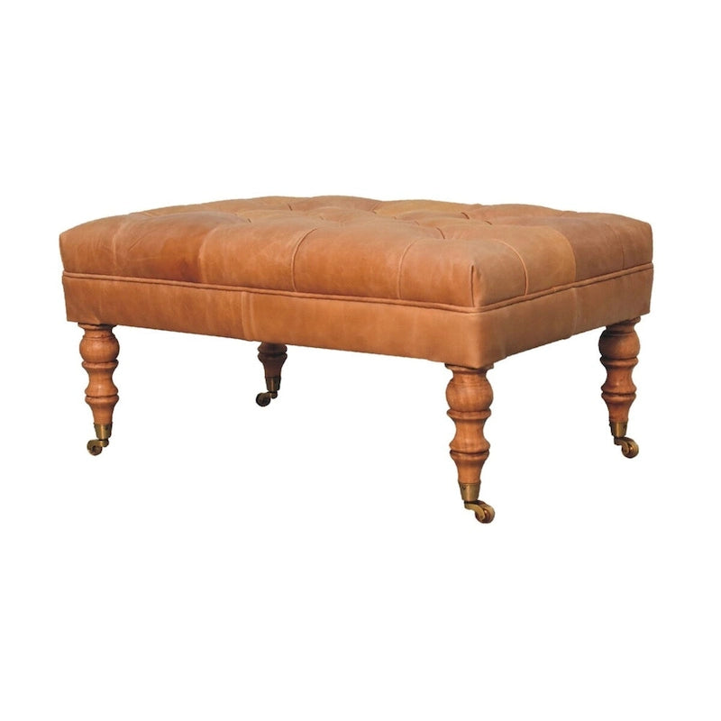 Artisan Furniture Ottomane aus massivem Holz und büffelfarbenem Leder mit Rollenbeinen