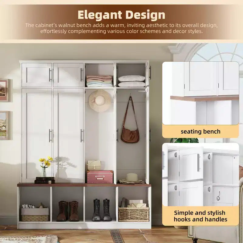 GDFStudio Jessica Farmhouse 4-in-1-Garderobe mit versteckten Haken und Sitzbank mit Stauraum