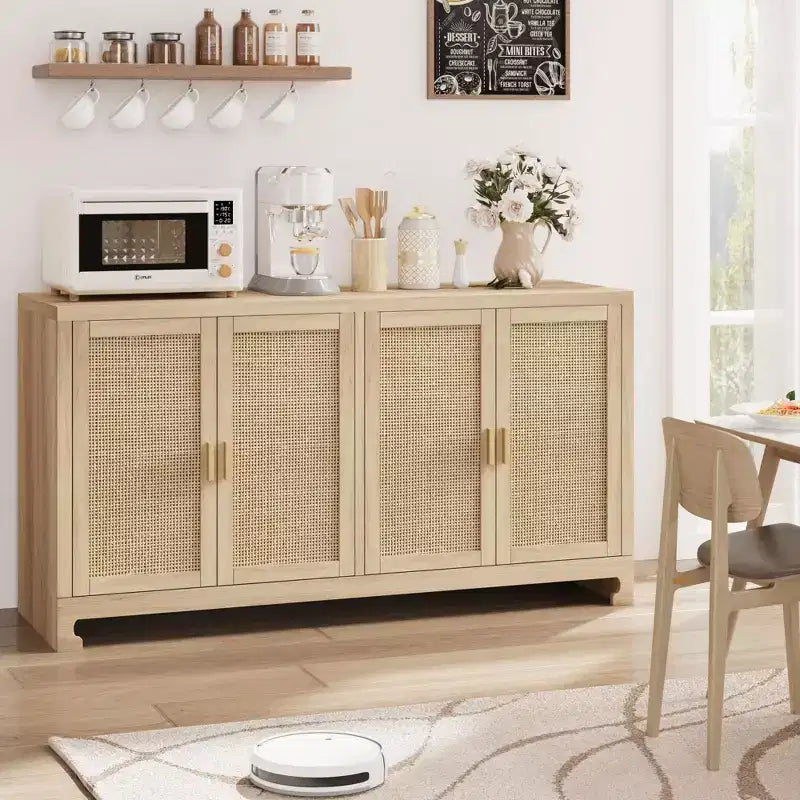 4-türiger Aufbewahrungsschrank aus Geflecht, Buffet-Sideboard mit Ablage, Kaffeebar-Konsole für Küche, Ess- & Wohnzimmer, 36H