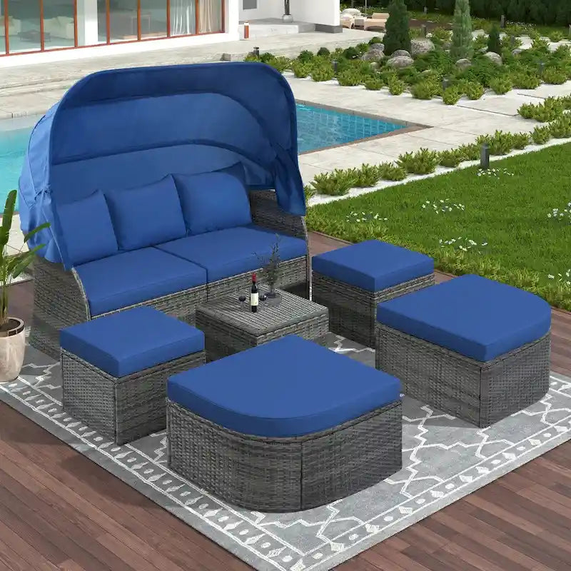 Graues Outdoor-Tagesbett aus Korbgeflecht mit Polstern und ausziehbarem Sonnendach