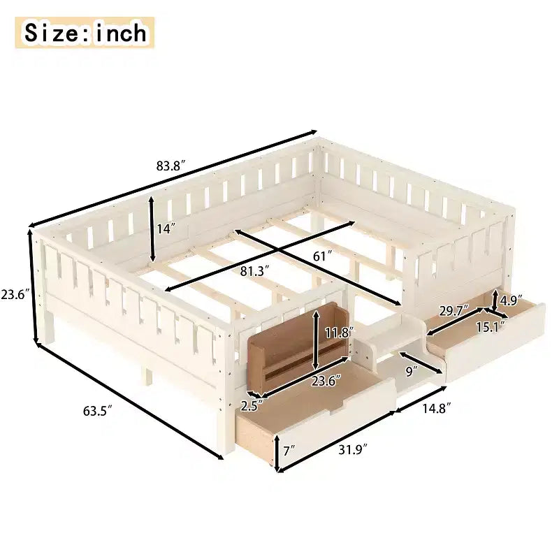 Bellemave Queen-Size-Kleinkindbett mit 14 Sicherheitsgeländern, platzsparender Bettrahmen mit integrierten Bücherregalen & 2 Schubladen unter dem Bett
