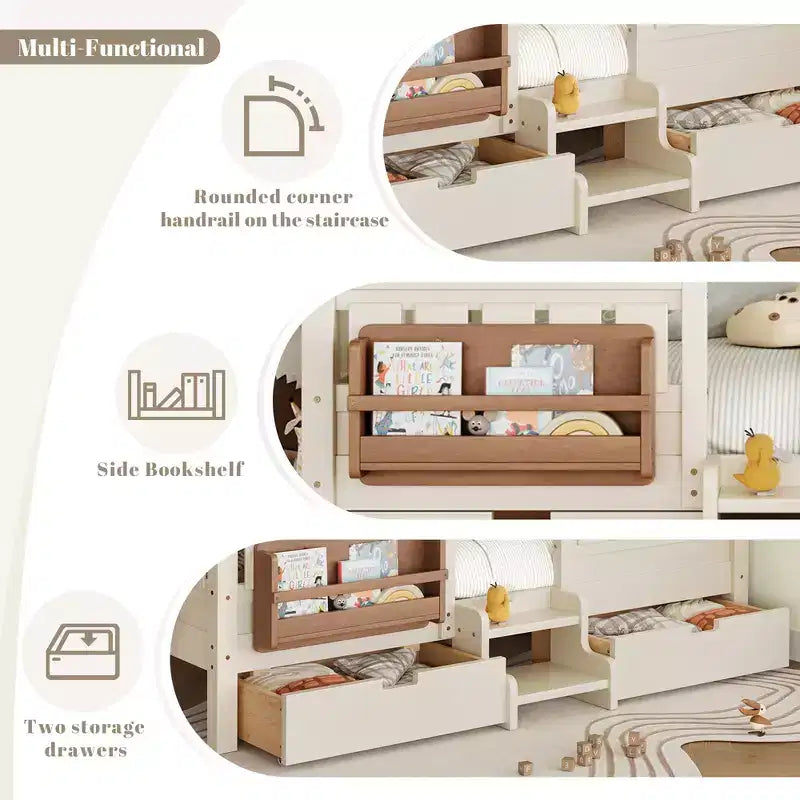 Bellemave Queen-Size-Kleinkindbett mit 14 Sicherheitsgeländern, platzsparender Bettrahmen mit integrierten Bücherregalen & 2 Schubladen unter dem Bett