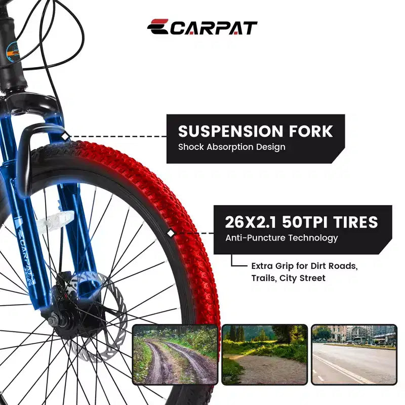 Okak 26 Zoll Mountainbike mit 21 Gängen und Scheibenbremsen, Kinder-Dirtbike mit Rahmen aus kohlenstoffreichem Stahl, Herrenfahrrad für Erwachsene & Jugendliche