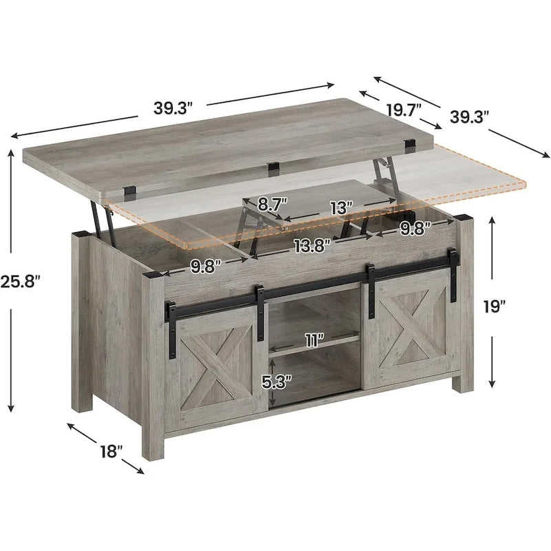 Couchtisch mit Hubplatte, 2 Schiebetüren im Scheunentor-Design und Stauraum, Esstisch