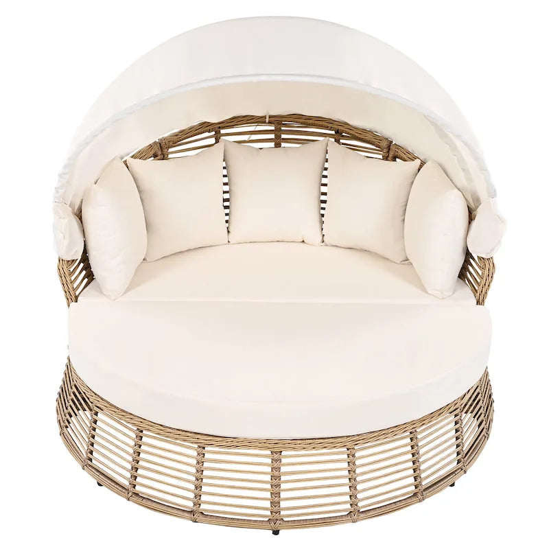 Rundes Outdoor-Rattan-Tagesbett mit Sonnendach und abnehmbaren Kissen