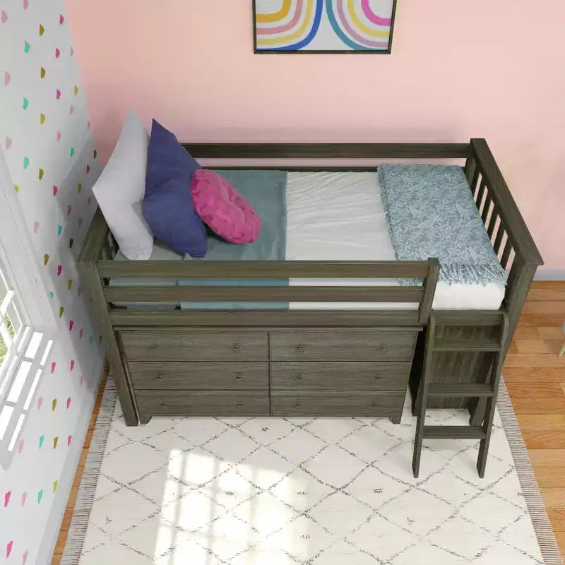 Max & Lily Niedriges Hochbett (Einzelbett) mit ausziehbarem Schreibtisch und 3-Schubladen-Kommoden