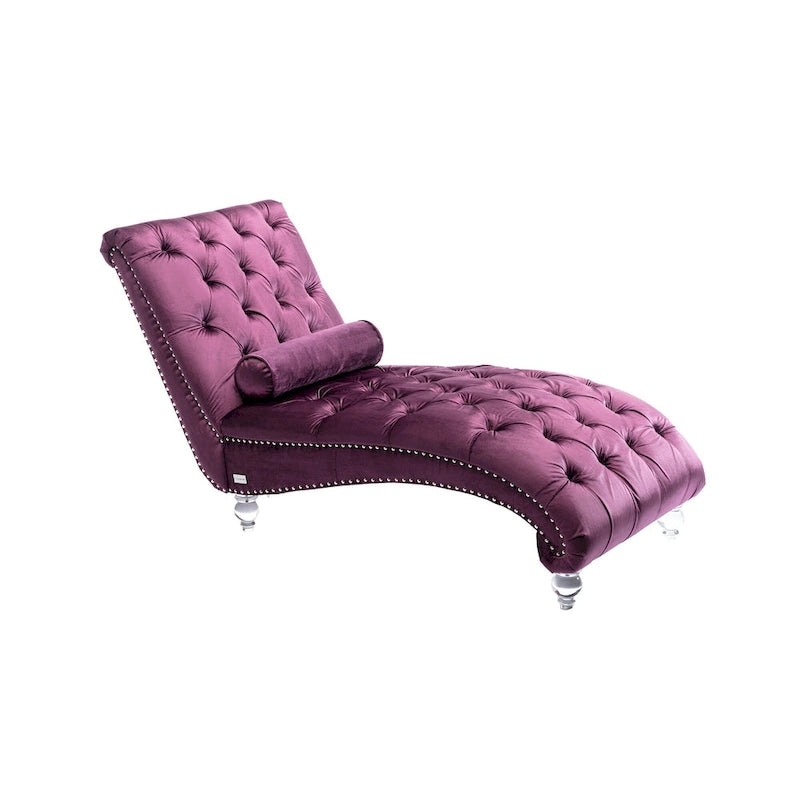 Violette, gepolsterte Récamiere mit Knopfheftung, Kissen und Acrylbeinen